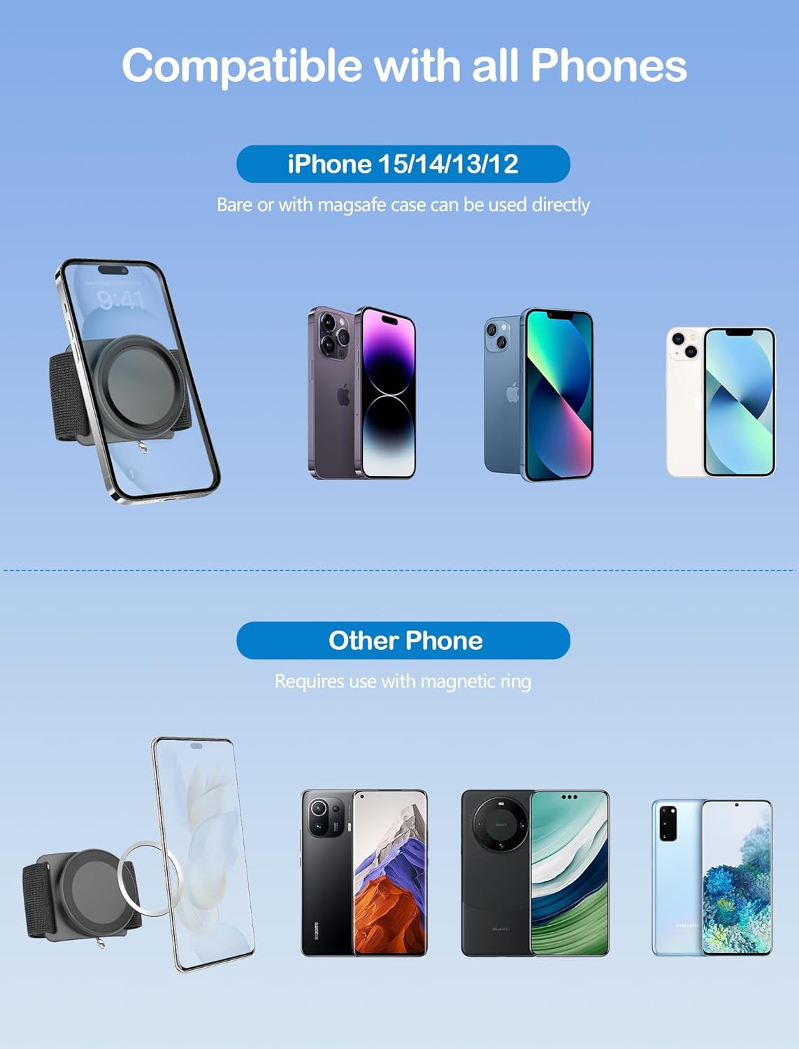 TOPGO [2 Generation Upgrad] Running Phone Holder for iPhone [360° Rotatable & Built-in Retractable Rope] Magnetic Wrist Phone Holder, Magsafe Armband for iPhone 17 Pro and Android (Black, 2 Straps)