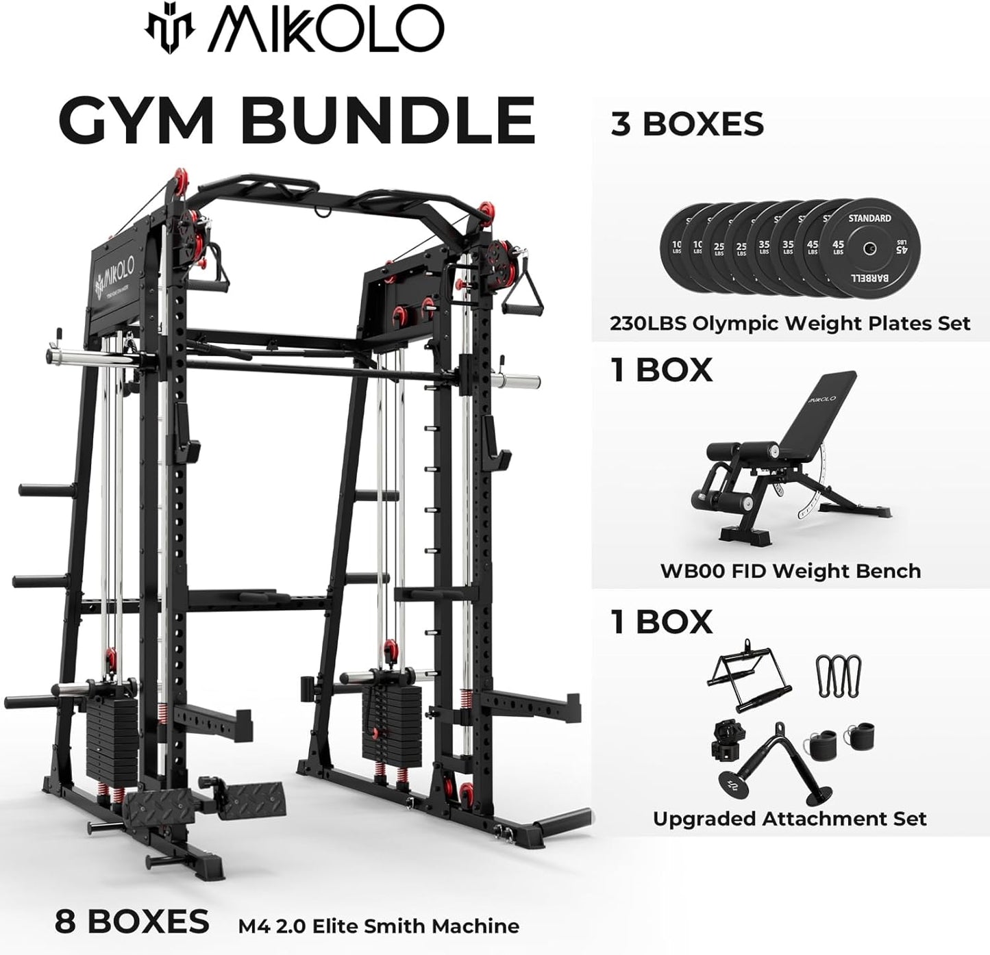 Mikolo Smith Machine, 2200lbs Squat Rack with LAT-Pull Down System & Cable Crossover Machine, Training Equipment with Leg Hold-Down Attachment