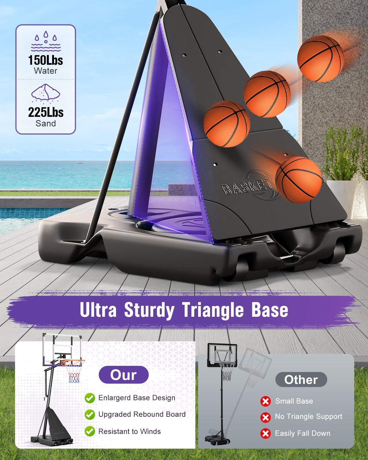 TONBUX Basketball Hoop Outdoor 44/48 Inch Shatterproof PC Backboard, 5.25-10FT Stepless Adjustable Height, Portable Basketball Hoop for Kids/Teens/Adults in Backyard, Driveway and Indoor