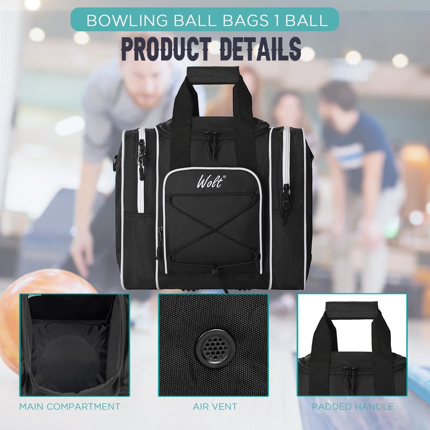WOLT Bowling Ball Bag for Single Ball - Bowling Ball Tote Bag with Padded Ball Holder, 2 Pockets fit Bowling Shoes Up to Mens Size 14 and Accessories