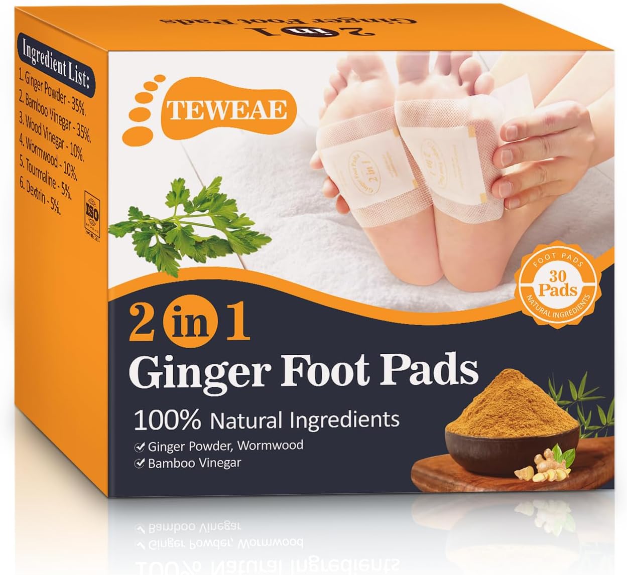 2 in 1 Foot Pads, 30 Pads Tear and Use Pure Ginger Bamboo Wormwood Foot Pads, Bigger Adhesive ''Stay in Place'' Goodnight Pads