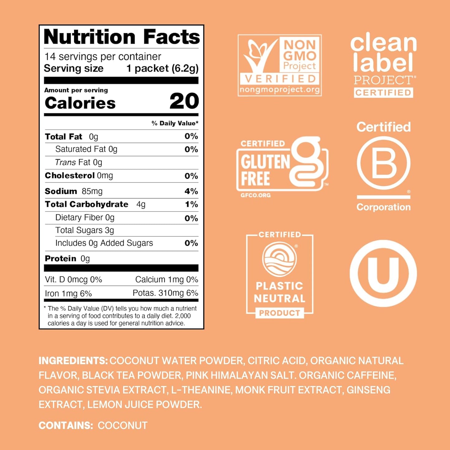 Cure Hydration Performance | Plant-Based Electrolyte Energy Drink Mix | No Added Sugar | Dehydration Relief Powder | 100mg of Caffeine | Non-GMO | Vegan | Pouch of 14 Packets - Peach