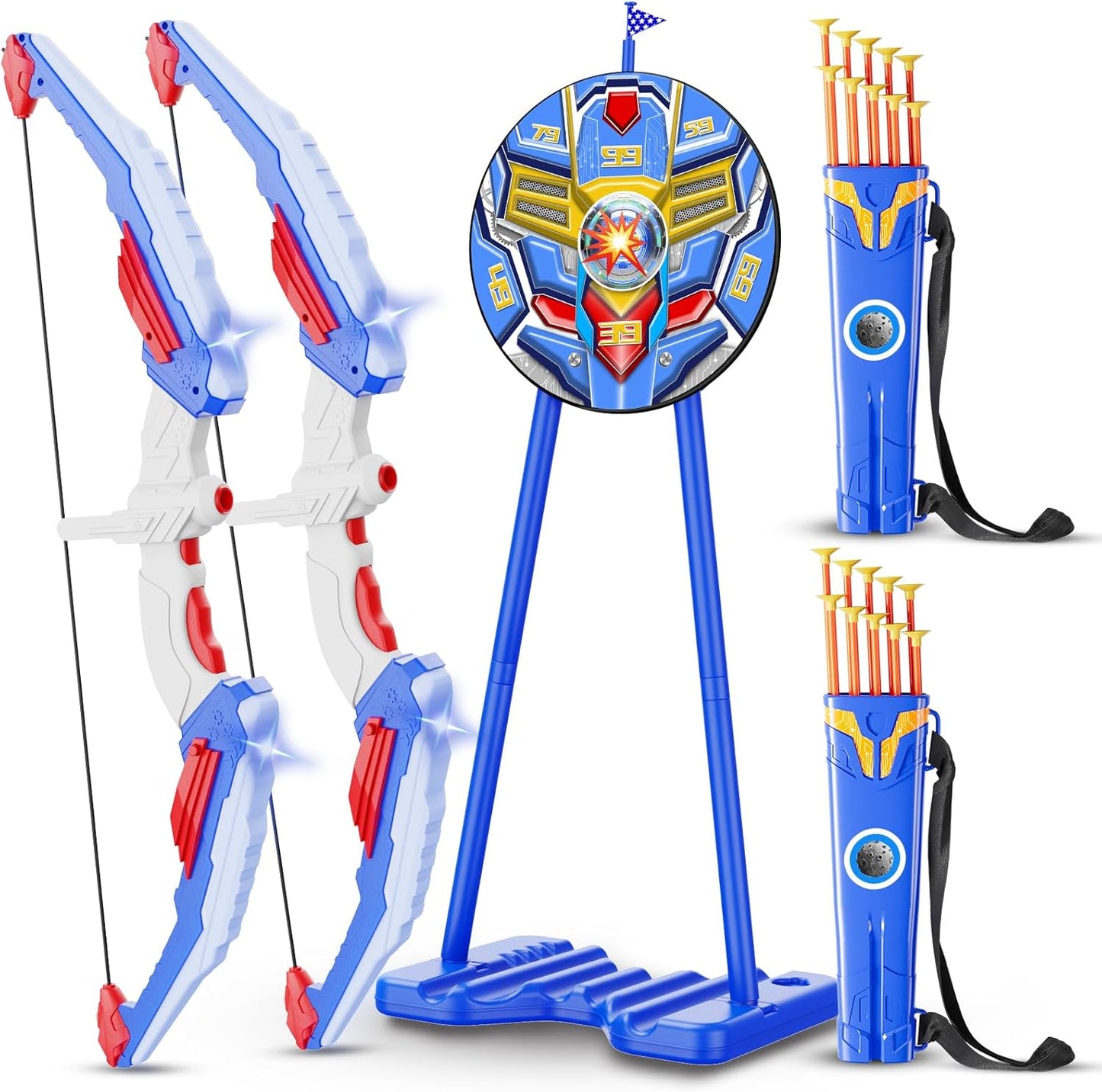 2 Pack Bow and Arrow for Kids, LED Light Up Archery Toy Set with 20 Suction Cup Arrows, 2 Quiver, 1 Standing Target, Indoor Outdoor Sport Gifts for Kids, Boys & Girls Ages 4 5 6 7 8 9 10 11 12