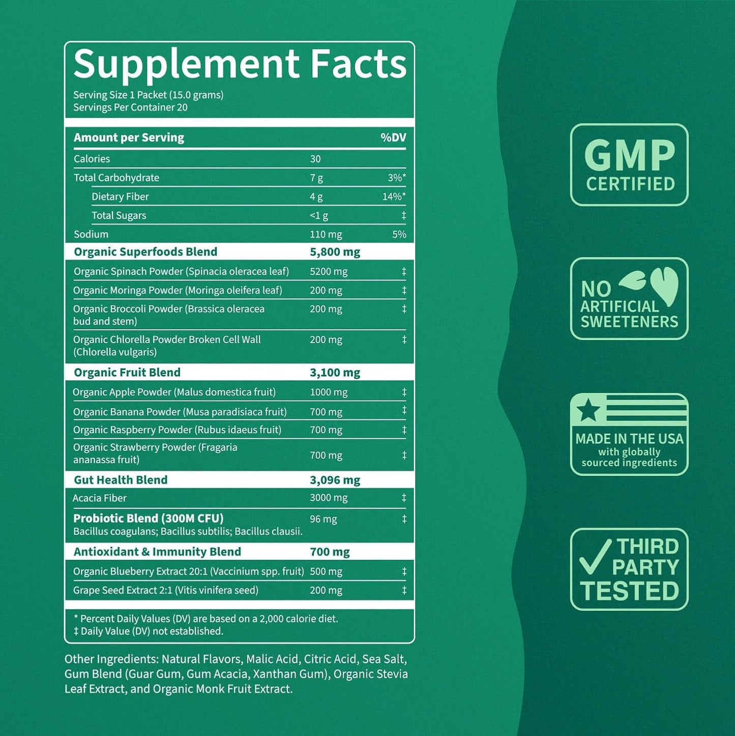 Supergreens Premium Superfood Greens Drink Mix w/Chlorella, Moringa, Spinach & Broccoli + Digestive Enzymes & Probiotic Blend -Nutrient-Packed Powder Wellness (Mango Peach, 20 SRV, Travel Pack)