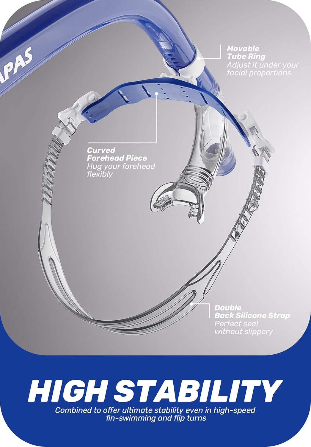 CAPAS Training Swim Snorkel for Lap Swimming, Swivel Headband Ultimate Fit Center-Mount Swimmers Snorkel with Liquid Silicone Mouthpiece Adjustable Strap, Designed for Adult Men Women