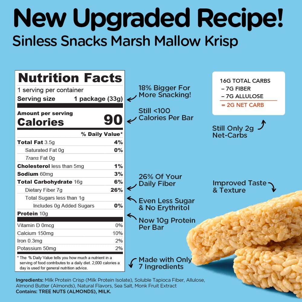 New Improved Recipe - Sinless Snacks Marsh Mallow Krisp - Perfect Keto Snacks - Delicious Gluten Free Low Carb Snacks - Marshmallow Keto Cereal Bars – Soft & Chewy Low Sugar – Less Than 1g - 8 Count