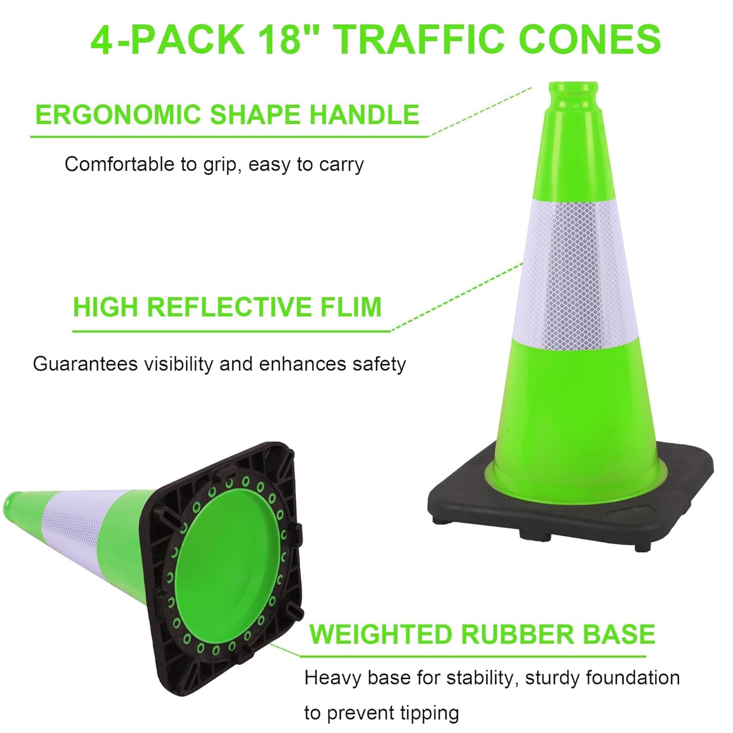 OrangeStar 4-Pack 18" Traffic Cones with Weighted Rubber Base, 6" Reflective Collar, Green Safety Cones for Parking Lot, Road Construction, Warehouse, Highway, Weatherproof PVC