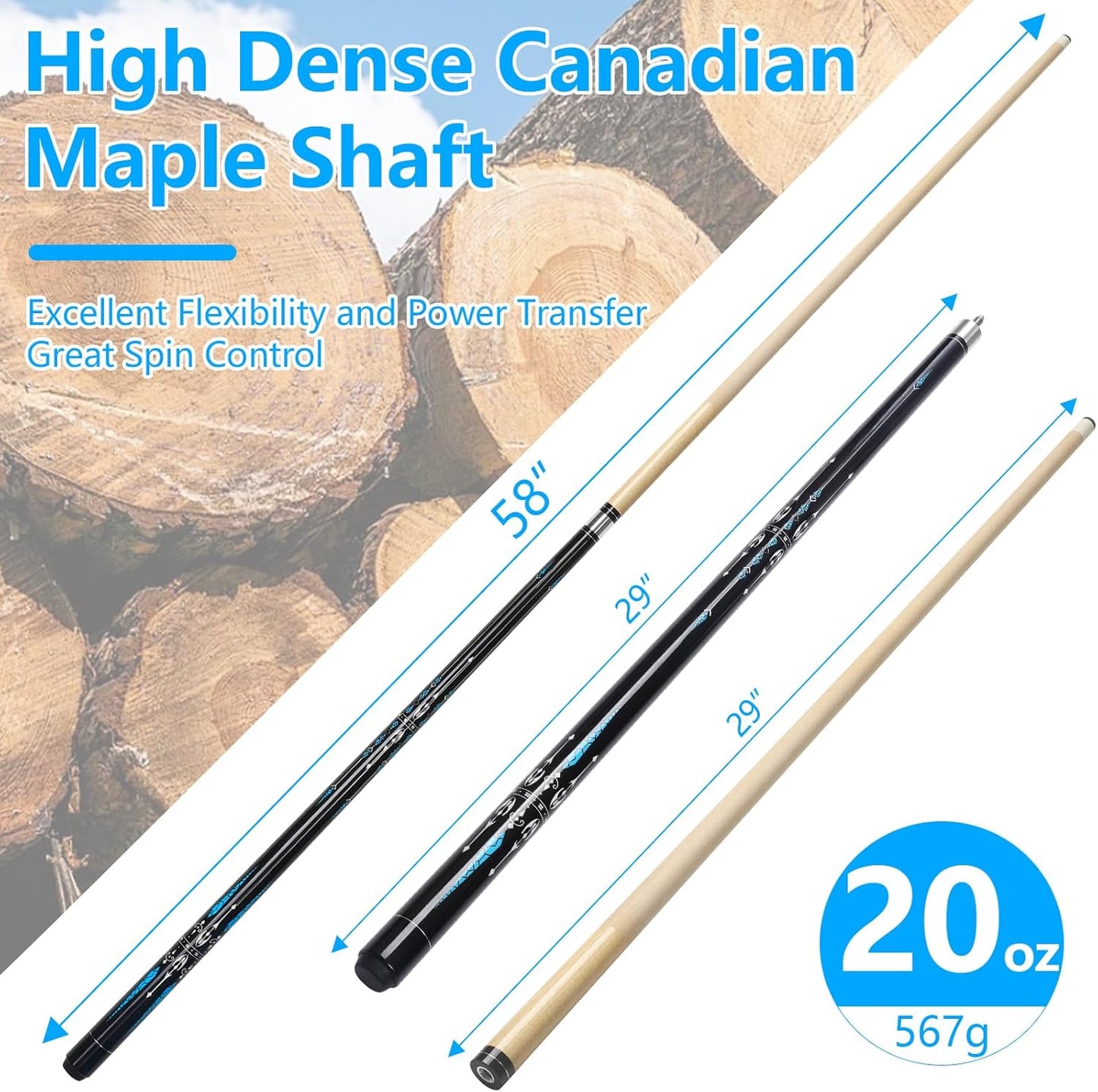 Pool Cue, 58" Billiard Cue Stick 2-Piece 13mm Maple Wood Pool Cue Stick 18 19 20 21oz for Bar House Pool Table Sports