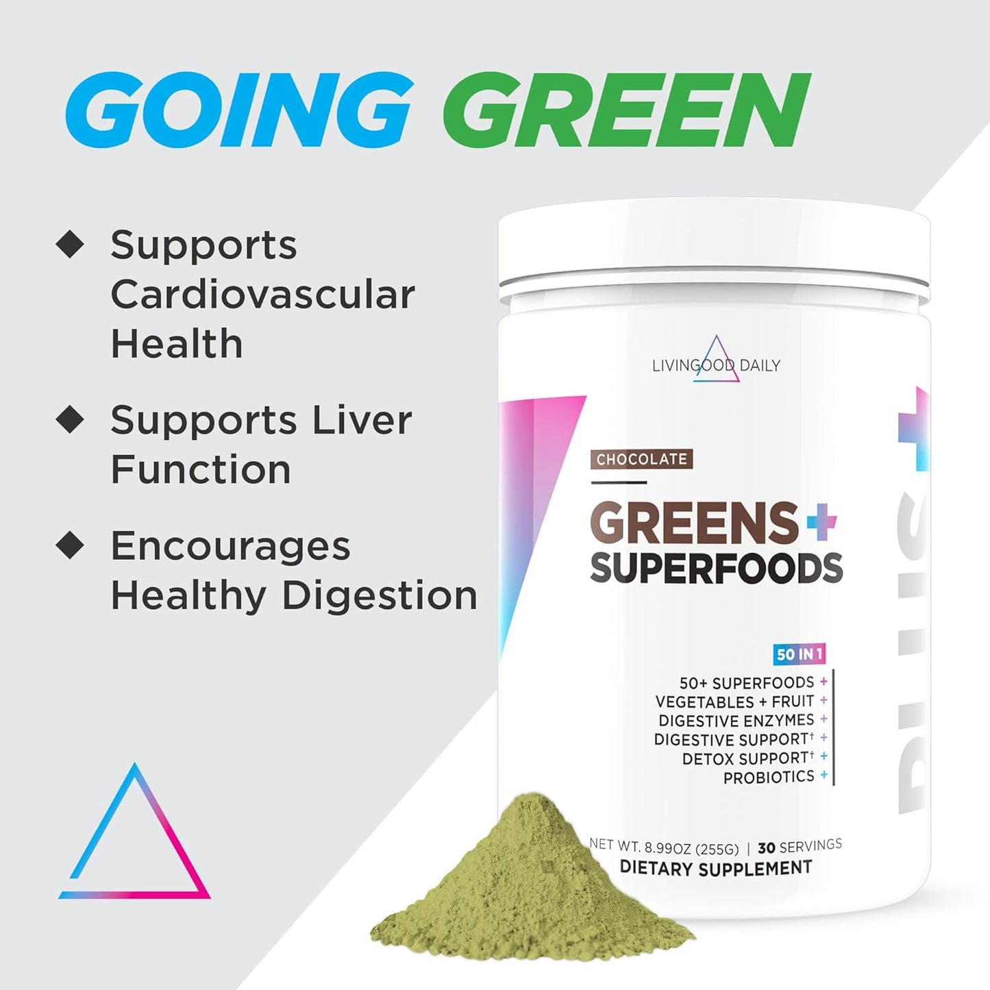 Livingood Daily Greens & Superfood Powder, Super Greens for Gut Health, Green Juice Powder with Spirulina, Chlorella, and Digestive Enzymes, Probiotics for Digestive Support, Chocolate, 30 Servings