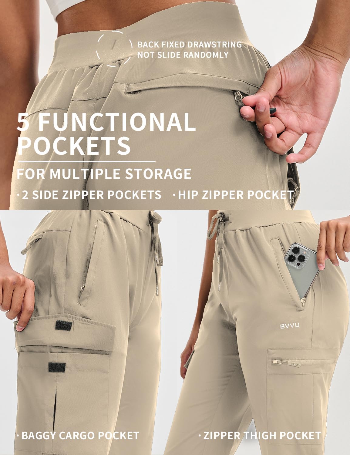 BVVU Women's Hiking Pants Lightweight Quick Dry Travel Outdoor Pants Waterproof Work Cargo Joggers with Zipper Pockets
