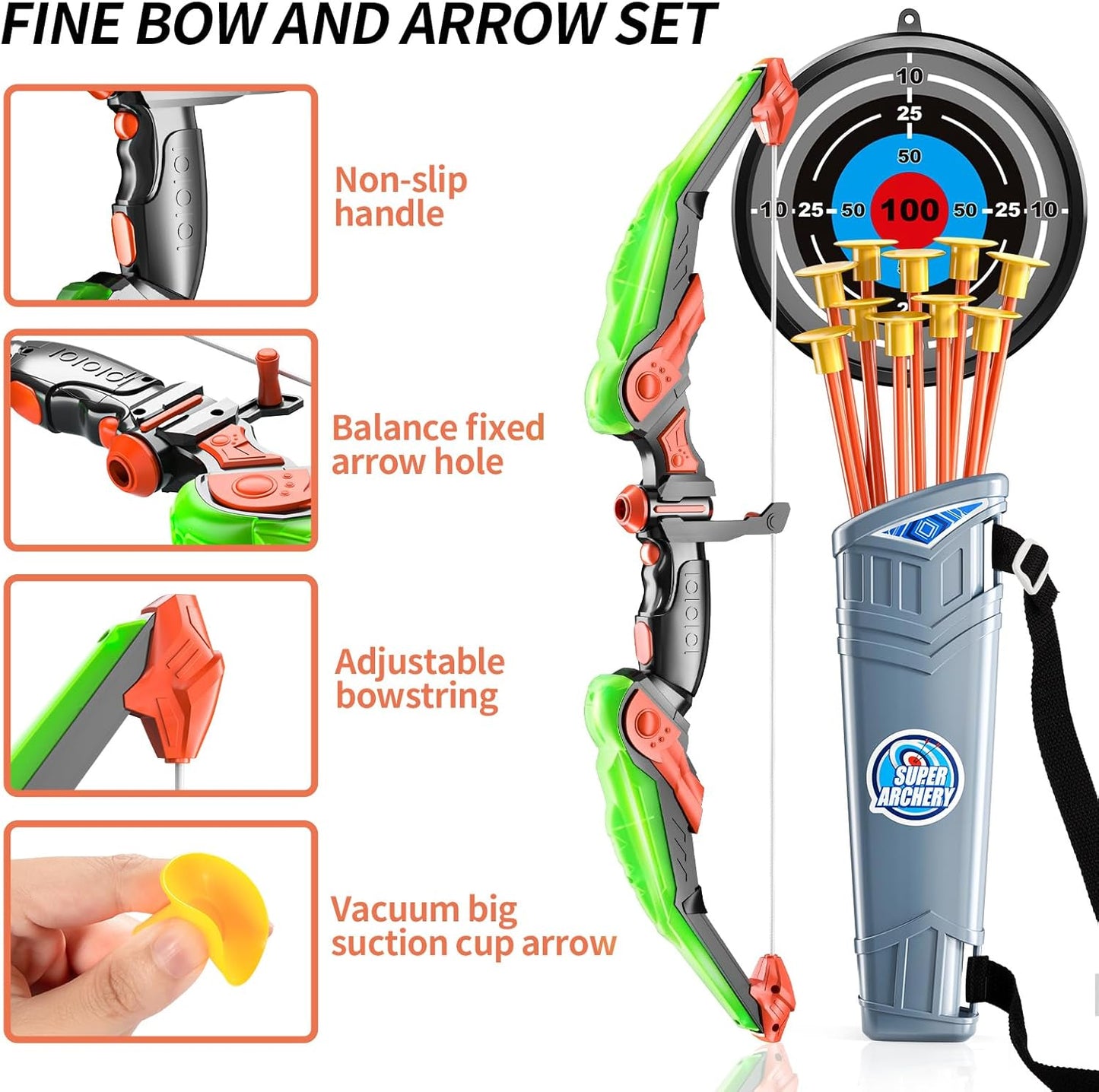 Bow and Arrow Set for Kids - LED Light Up Archery Toy Set - Includes 10 Suction Cup Arrows, Target & Quiver, Indoor & Outdoor Kids Archery Boys Toys
