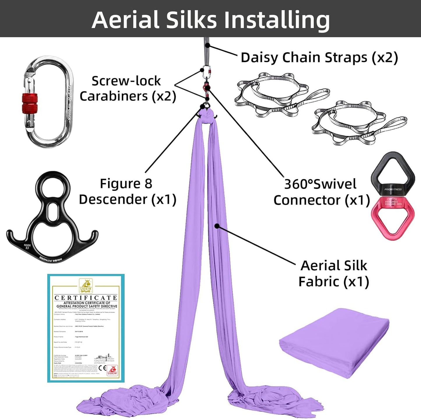 PRIOR FITNESS Aerial Silks Kit Colorful 9/15/20 Yards 40D Nylon Fabric Hammock Set With Hardware & Guide for All Levels Of Aerial Yoga Practice and Acrobatic Flying For Adults Aerial silk