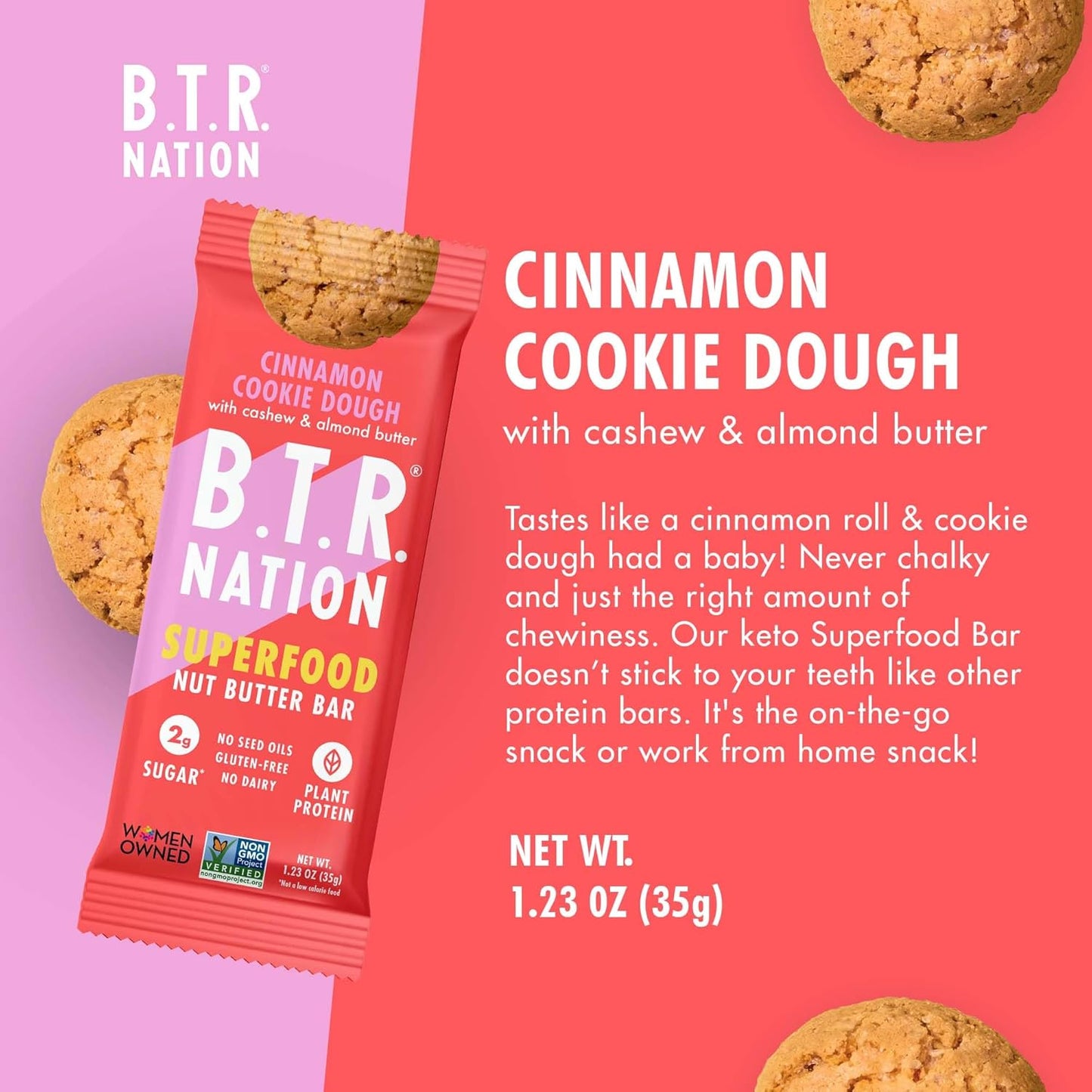 B.T.R. Nation Superfood Keto Protein Bars - Cinnamon Cookie Dough ENERGY | (4 Pack) | Plant Based Vegan Protein, Low Carb Food, Low Calorie, Gluten Free, No Sugar Alcohols, Boosted with Superfoods