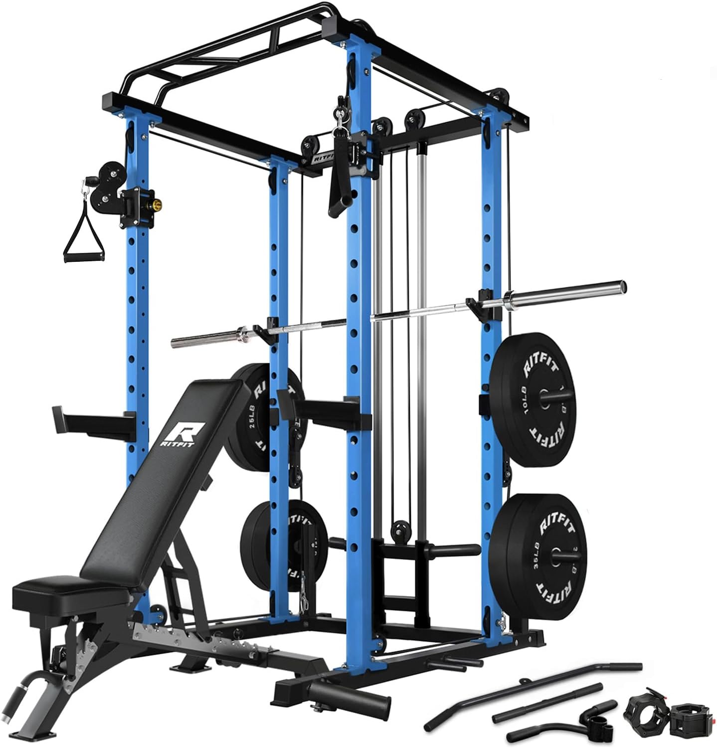 RitFit Multi-Function Squat Rack Power Cage PPC03 with Cable Crossover System, 1000LBS Capacity Power Rack and Packages with Optional Weight Bench, Barbell Weight Set, for Garage Workout & Home Gym