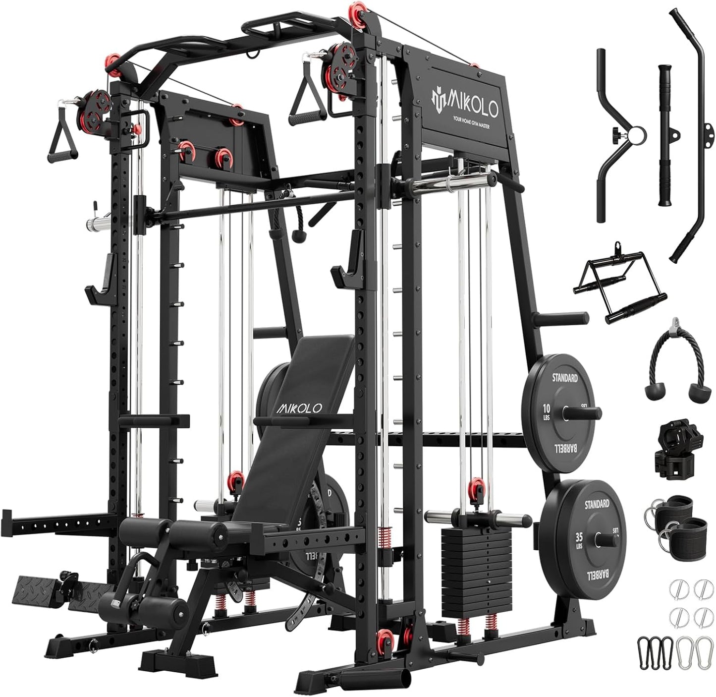 Mikolo Smith Machine, 2200lbs Squat Rack with LAT-Pull Down System & Cable Crossover Machine, Training Equipment with Leg Hold-Down Attachment