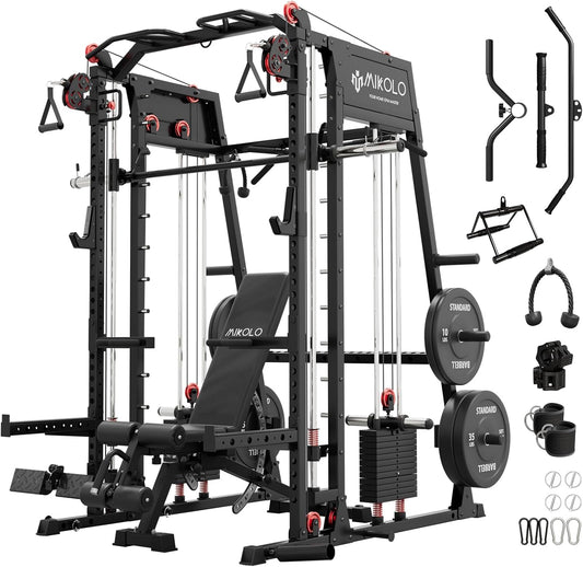 Mikolo Smith Machine, 2200lbs Squat Rack with LAT-Pull Down System & Cable Crossover Machine, Training Equipment with Leg Hold-Down Attachment