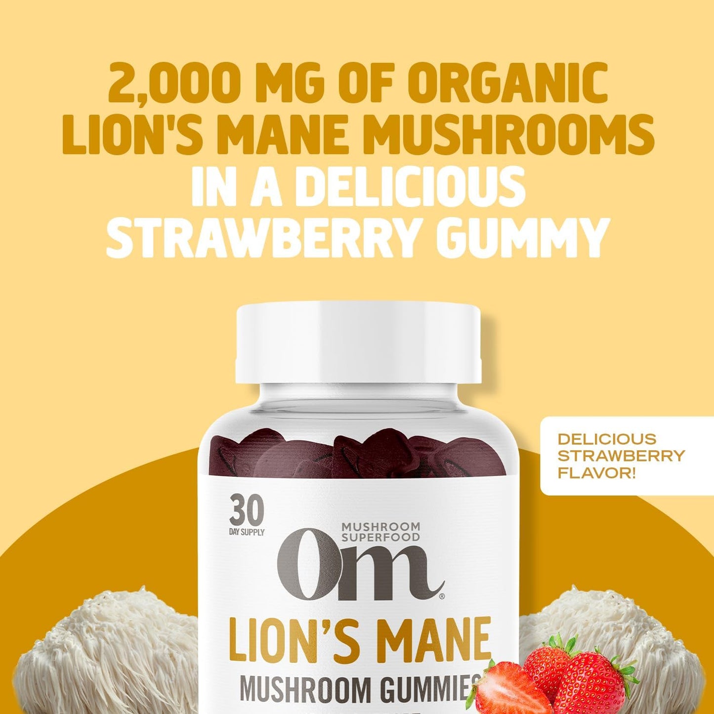 OM Mushroom Superfood Lion's Mane Gummies, 60 Count, 30 Servings, USA Grown Organic Mushrooms, Organic Nootropic Gummies for Memory, Focus and Mood