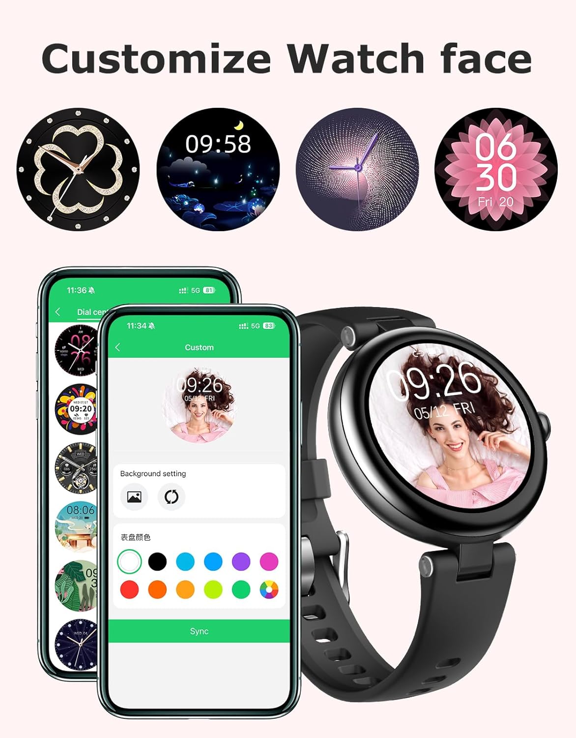 Fitness Tracker, Round Fitness Watches for Women with Bluetooth Call Heart Rate Monitor Sleep Tracker Calorie/Step Counter, Birthday Gift for Women Lady Mom Waterproof (Black)