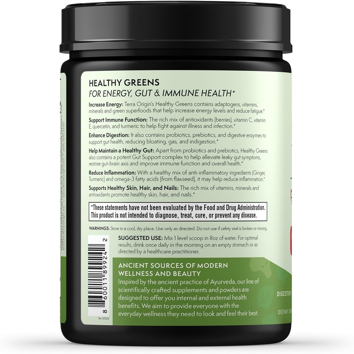 TERRA ORIGIN Healthy Greens Powder Blend | Superfoods, Probiotics, Enzymes, Spirulina | for Immune & Digestive Gut Health Support | Energy & Wellness Boost | 30 Servings (Kiwi Strawberry)
