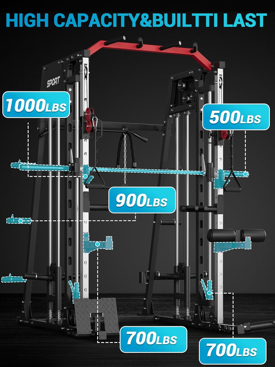 Smith Machine, Power Cage Squat Rack with Cable Crossover, Dual Pulley System, Pull-Up Bar, Home Gym Workout Equipment with Attachments for Strength Training and Weightlifting