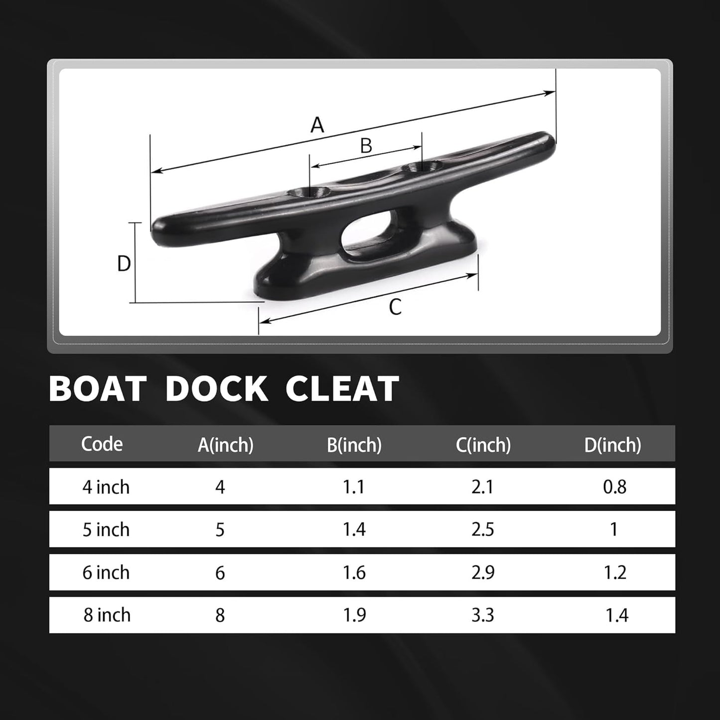 Nylon Boat Cleats Black, 4"/5"/6"/8", Marine Grade Dock Cleats for Rope, Kayak, Mooring, Canoe, Maritime Decor, Tie Down