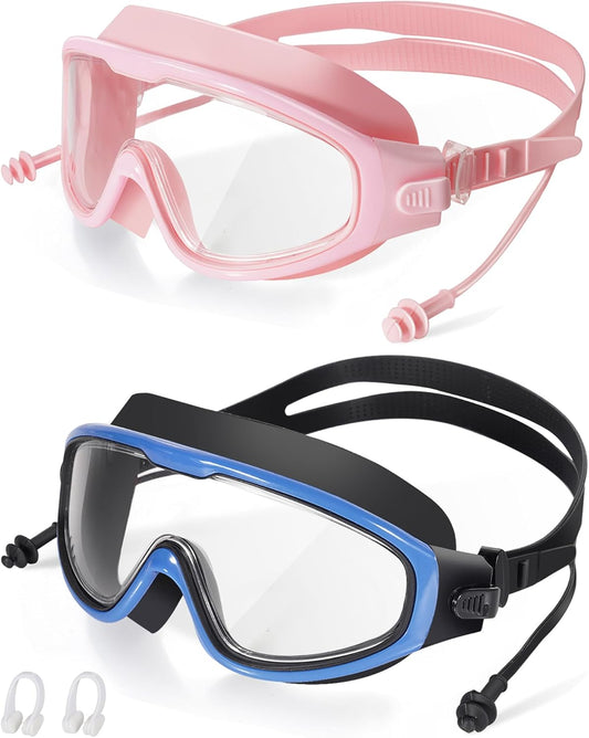 Adult Swimming Goggles,Leak-Proof,Anti-Fog Pool Glasses,Wide View Swim Goggles with Ear Plugs and Nose Clip