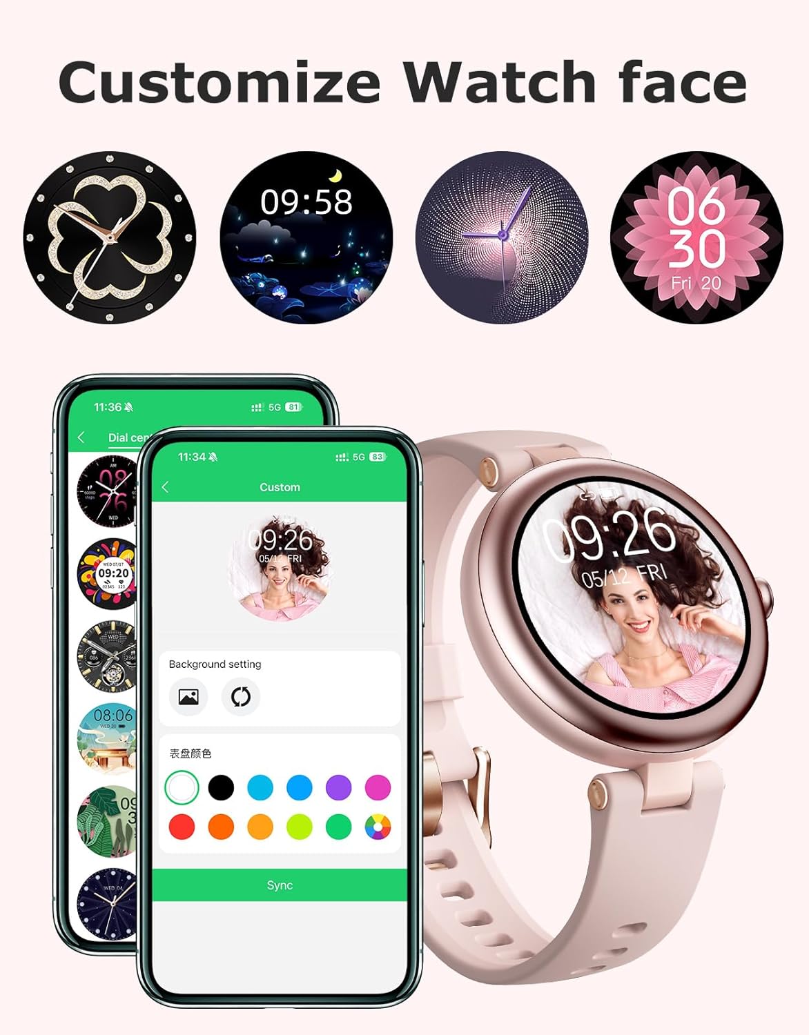 Fitness Tracker, Round Fitness Watches for Women with Bluetooth Call Heart Rate Monitor Sleep Tracker Calorie/Step Counter, Birthday Gift for Women Lady Mom Waterproof (Pink)