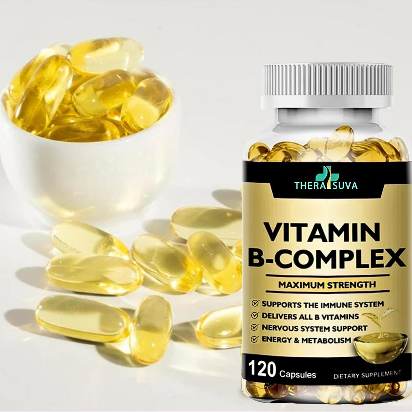 Vitamin B-Complex + CoQ10 + Vitamin C - Max Strength Supplement for Energy, Metabolism Support, 120 Softgels, 60 Day Supply
