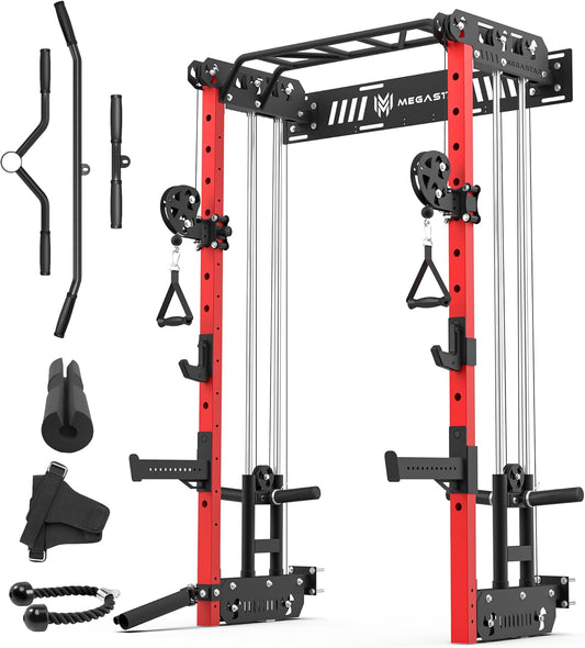 Wall Mounted Power Rack – 1600LB Capacity Compact Commercial Home Gym with Dual Cable Crossover, LAT Pulldown, Multi-Grip Pull-Up Bar & Landmine Attachment for Small Spaces, P67 Striker Red