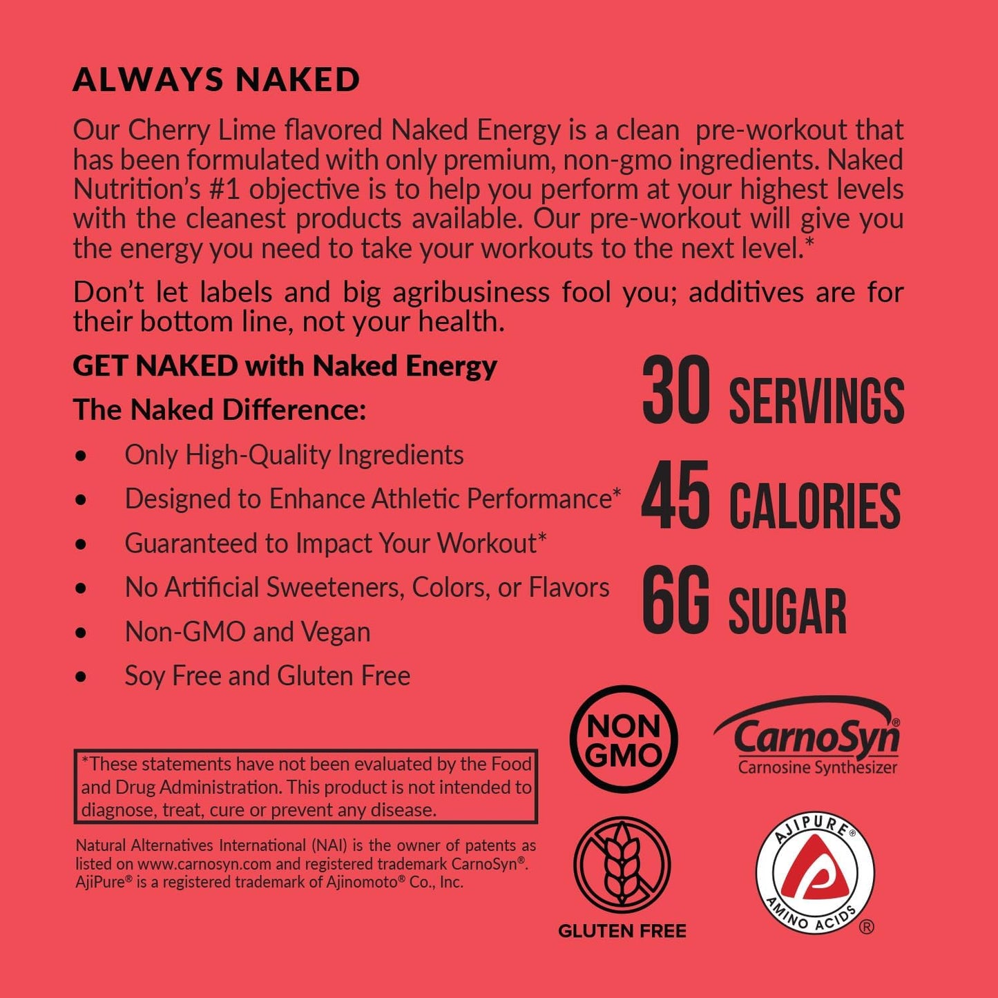 NAKED Cherry Lime Energy - Clean Pre Workout Supplement for Men and Women, Vegan Friendly, No Added Sweeteners, Colors Or Flavors - 30 Servings