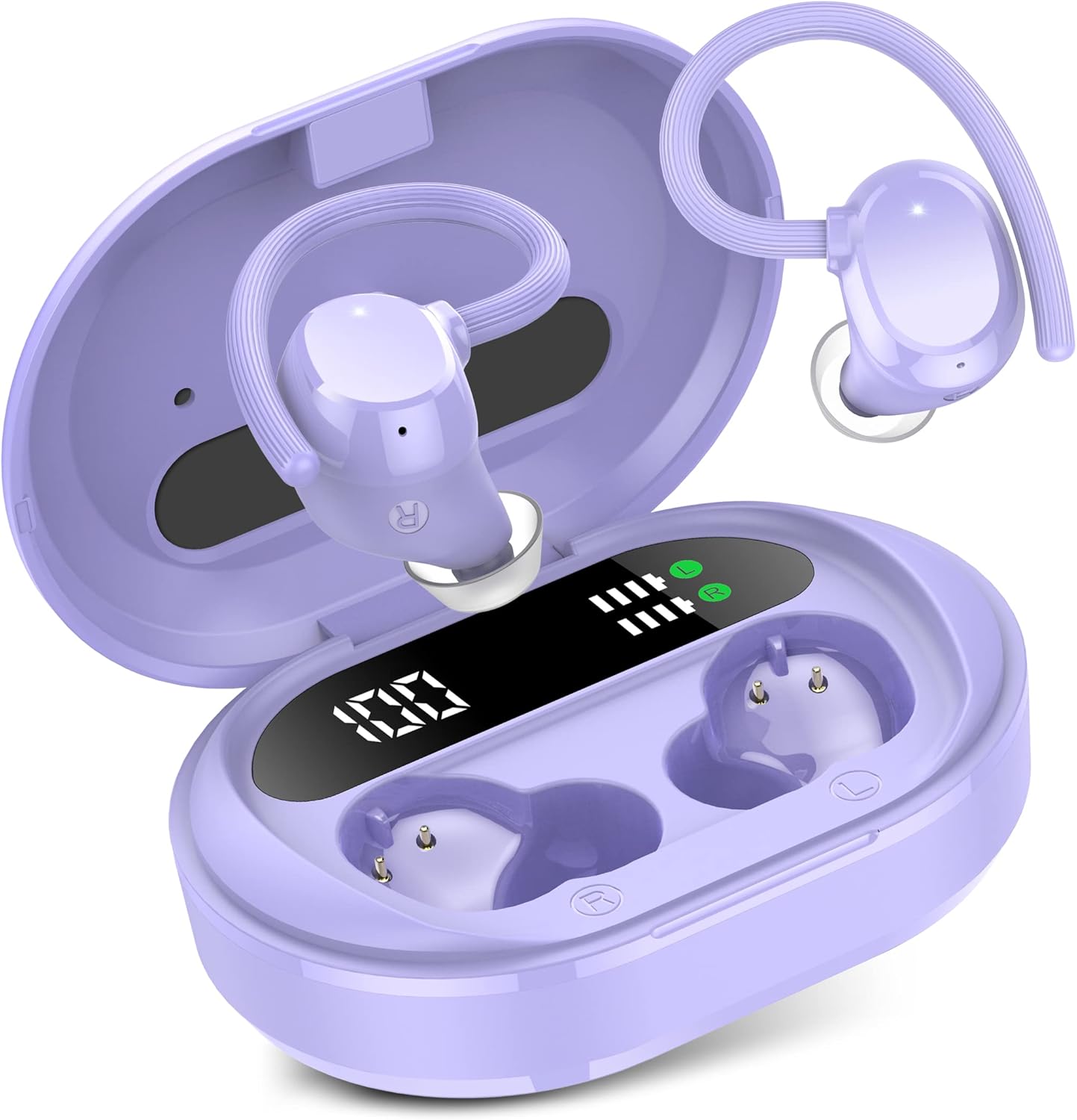 Wireless Earbuds, 2023 New Ultralight Sport Bluetooth 5.3 Headphones In Ear with LED Display, Built-in Mic Earphones, IPX7 Waterproof Wireless Headphones with Earhooks for Gym Workout (Purple)