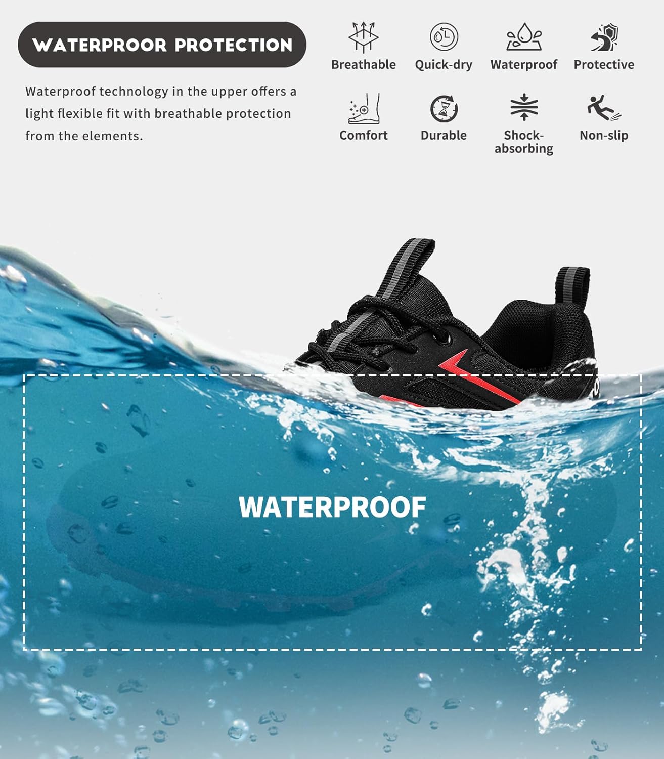 Mens Trail Running Shoes Waterproof Non-Slip Hiking Walking Sneakers for Outdoor Trailing Trekking Camping Quest Black