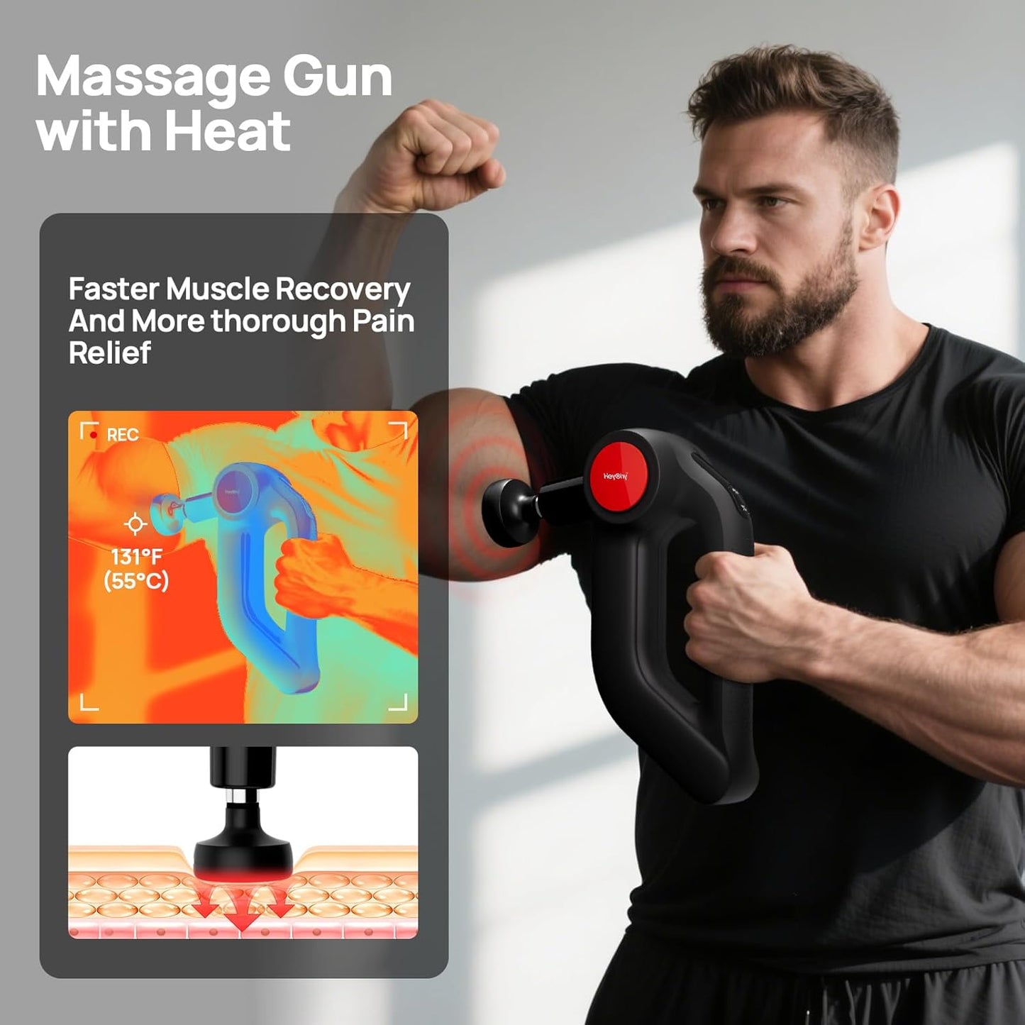 Deep Tissue Massage Gun with Heat, 12mm Amplitude Percussion Massager for Athletes & Muscle Relief, Professional Handheld Masssger Gun for Neck, Back, Shoulder, Leg, Gift for Men, Black