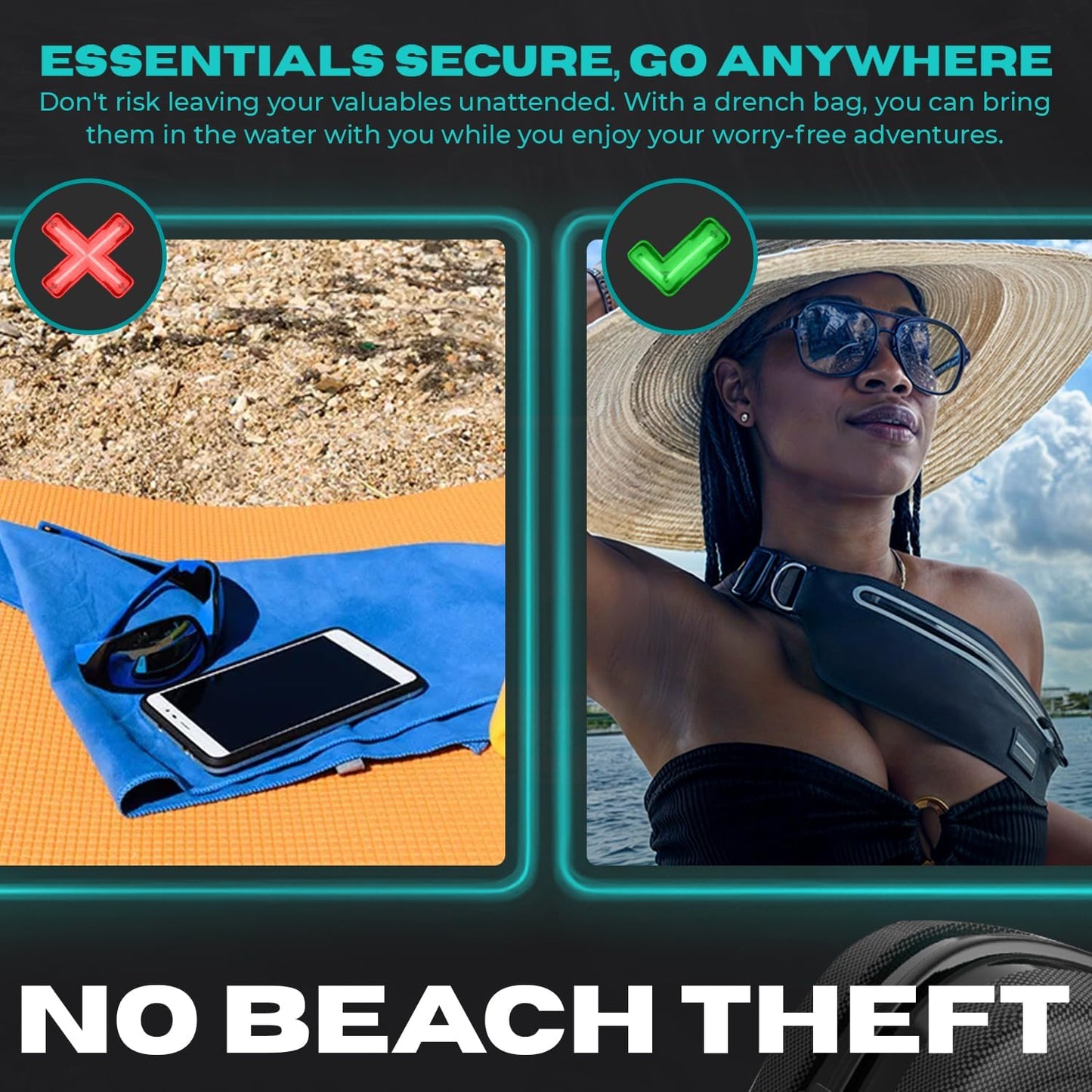 DRENCH 100% Underwater Waterproof Fanny Pack. Waist Pack. Submersible Waterproof Phone Pouch. Dry Bag for Swimming & Snorkelling. Underwater Phone case. (black with 2 rings)