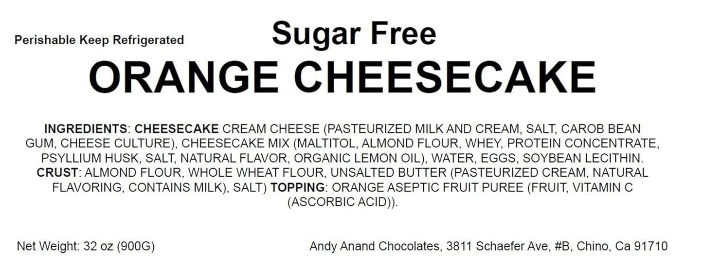 Andy Anand's Baked Gourmet Sugar Free Orange Cheesecake 9" (2 lbs) | No Preservatives Cheesecake & Diabetic-Friendly, You Won't Believe It's Sugar Free! | Freshly Made with California Cream Cheese