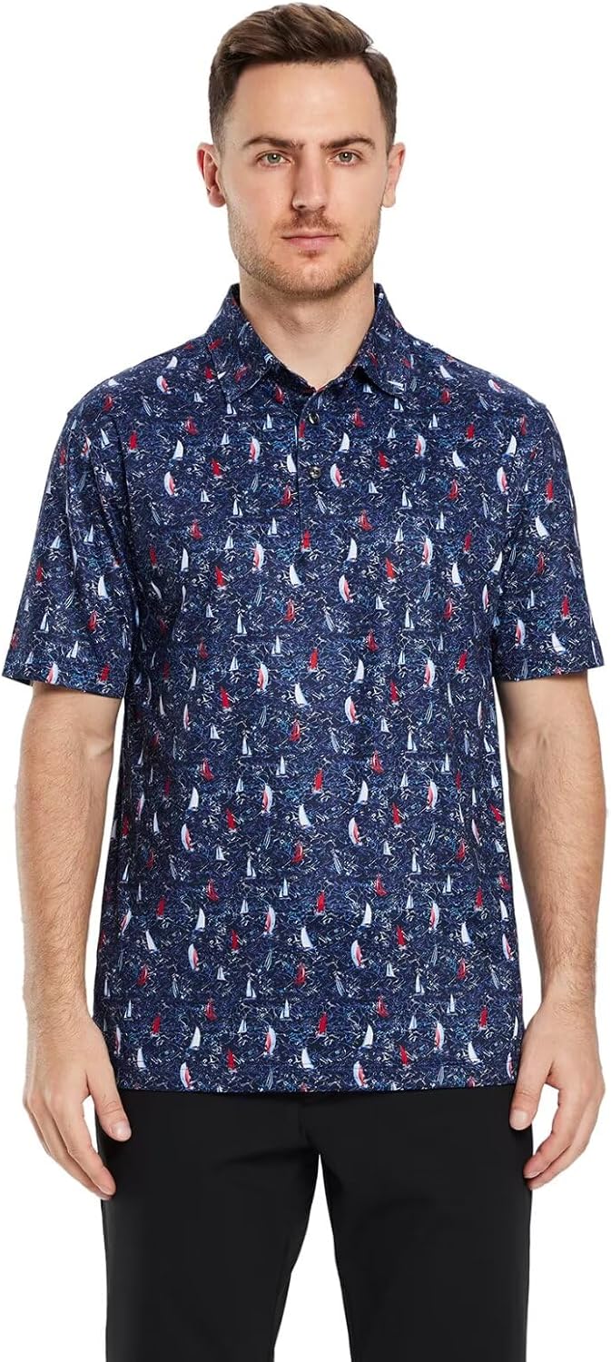 Men's Golf Polo Shirts Short Sleeve Striped Performance Moisture Wicking Dry Fit Golf Shirts for Men