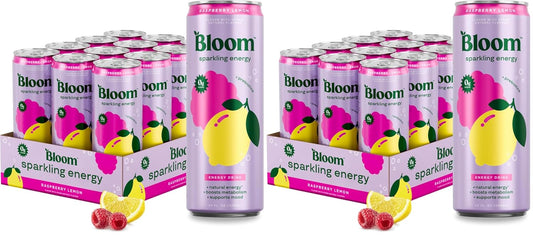 Bloom Nutrition Sparkling Energy Drink for Focus, Natural Caffeine, Zero Sugar, 180mg Caffeine, Antioxidant-Rich with Green Coffee Bean, Green Tea Extract, & Prebiotics, Raspberry Lemon 12oz 24 Pack