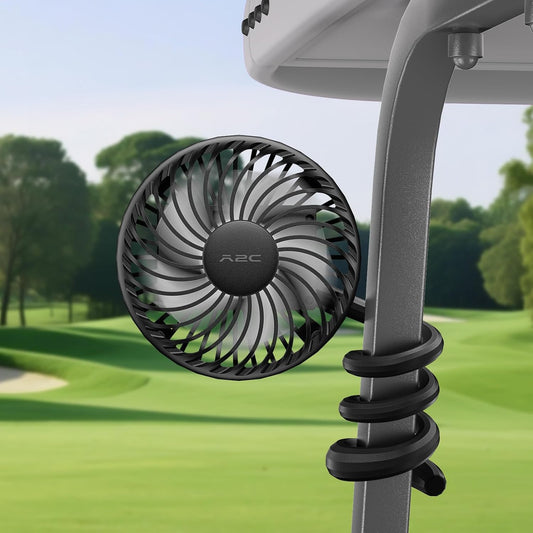 A2C Golf Cart Fan Rechargeable – 3-Speed, 360° Adjustable Gooseneck | 4000mAh Battery | Compatible with Golf Carts & Push/Pull Carts