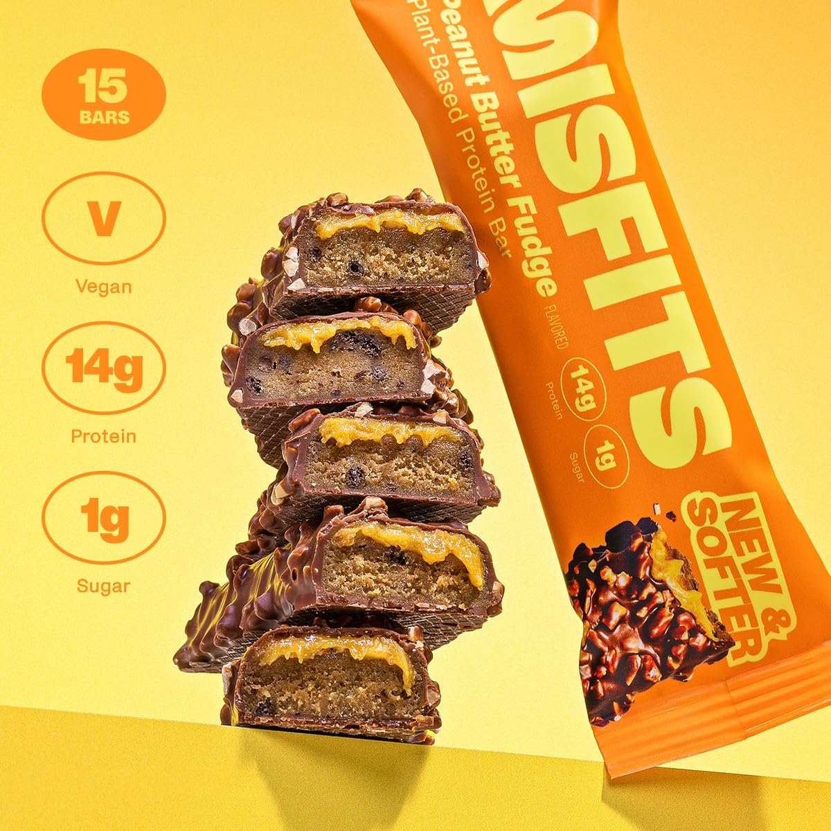 Misfits Vegan Protein Bars, Peanut Butter Fudge - Updated Recipe | Plant Based, Low Sugar & Carb, High Fiber Snacks | Pack of 15