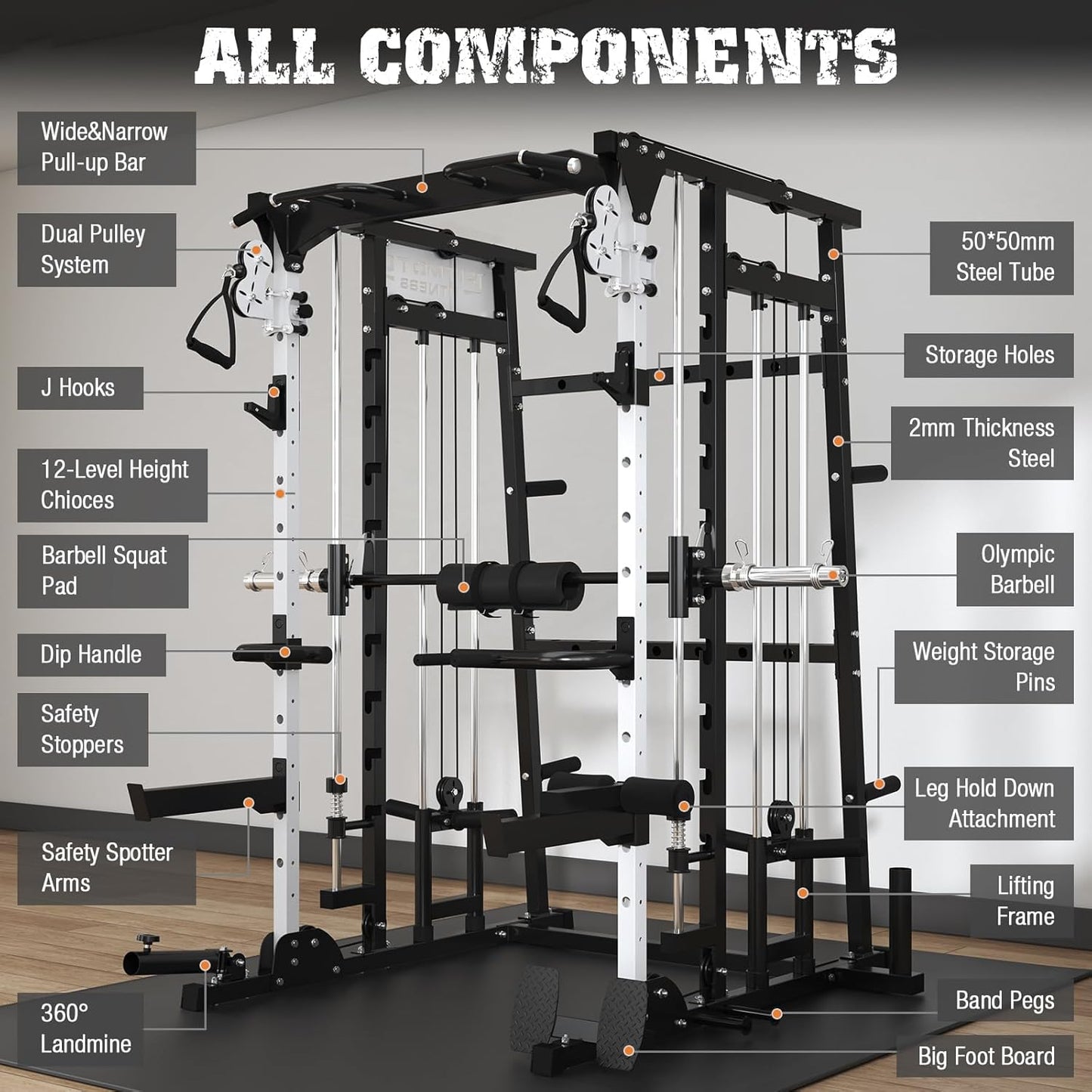 Smith Machine,2200 LBS Squat Rack for Home Gym with Dual Pulley System,Multifunctional Power Rack Cage for Strength Training with More Attachments