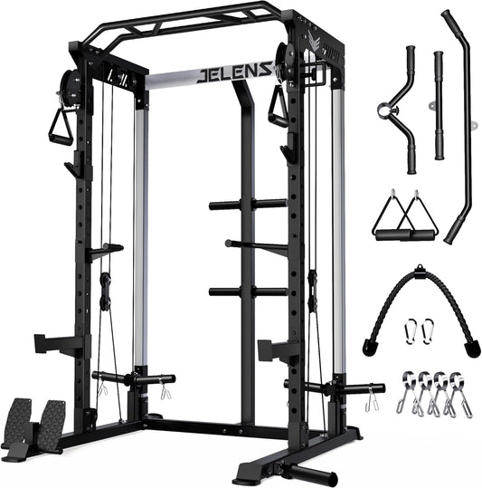 Power Cage, 2000LBS Multi-Function C21 Power Rack with Dual Pulley Cable Crossover System, All-in-One Squat Rack with More Training Attachments