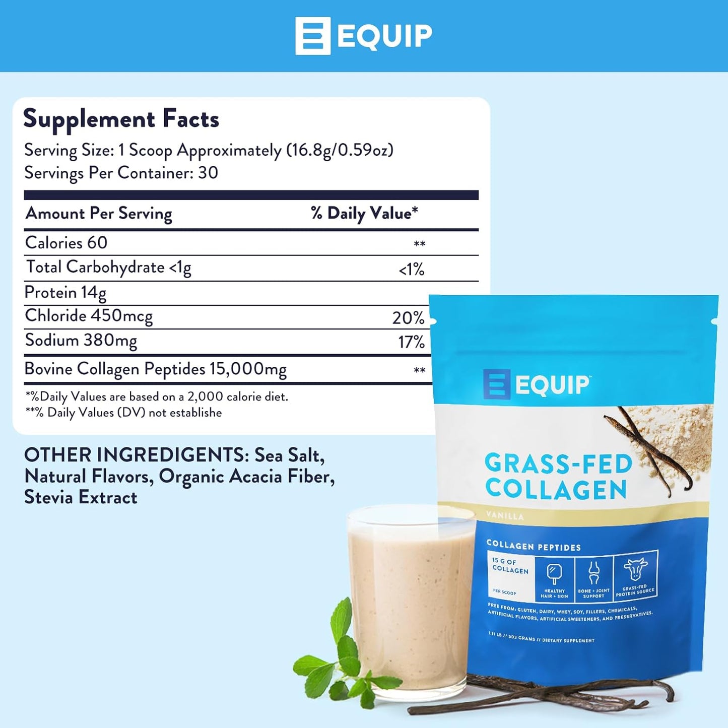 Equip Foods Grass Fed Collagen Powder | Hydrolyzed Bovine Collagen Peptides with Amino Acids | Prime Beef Collagen for Healthy Joints, Skin & Nails | Non-GMO, Paleo Friendly | 30 Servings, Vanilla