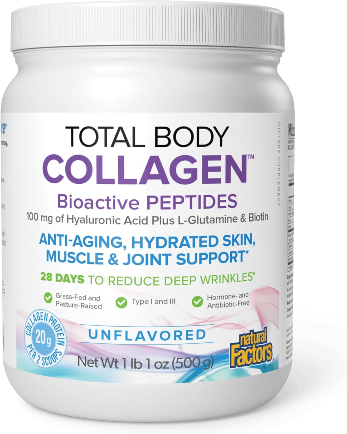 Natural Factors Total Body Collagen Bioactive Peptides Powder for Healthy Skin, Hair & Joints, Unflavored, 500 g