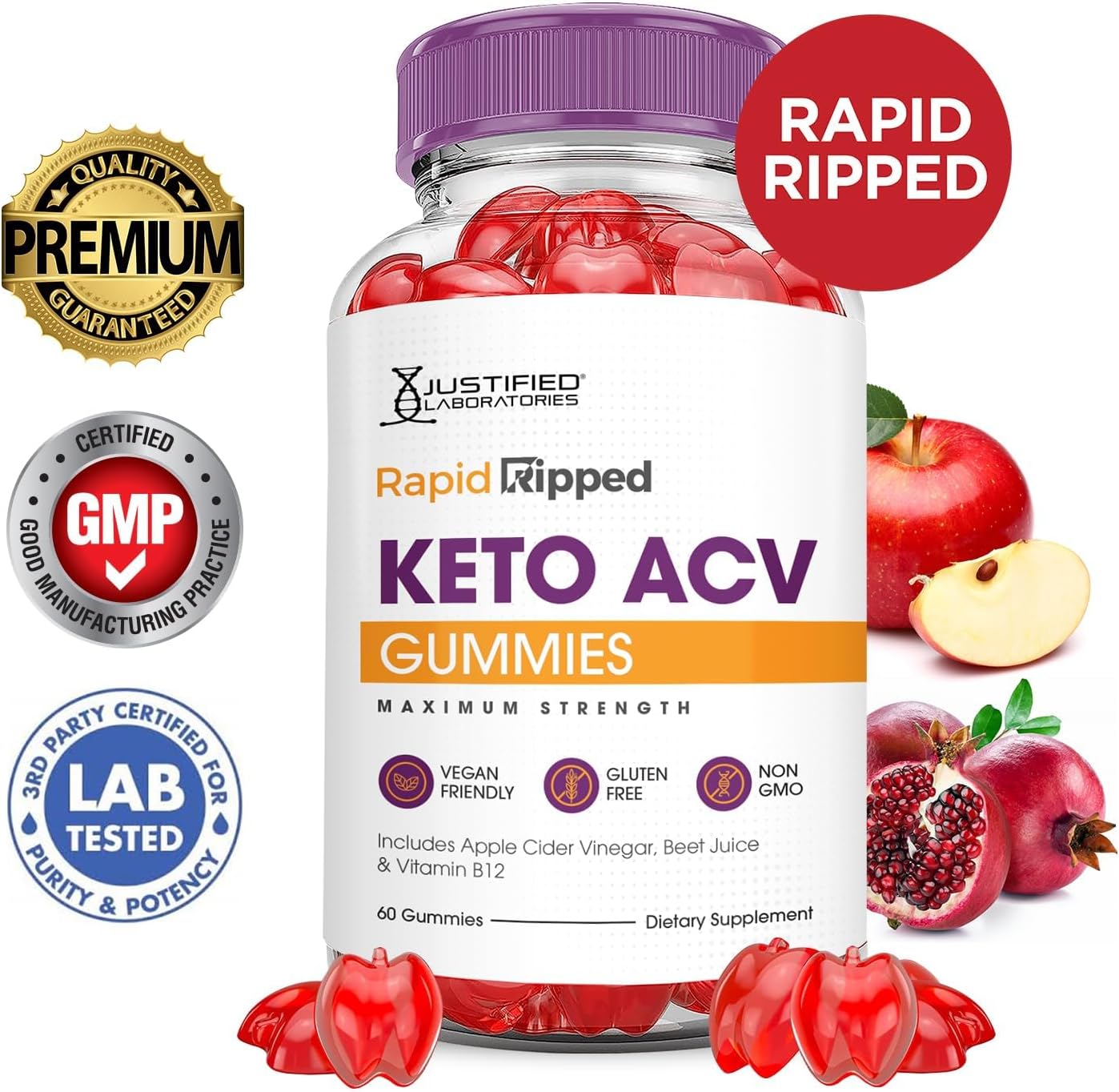 Justified Laboratories (2 Pack Rapid Ripped Keto ACV Gummies Advanced Formula 1000MG Rapidripped Formulated with Pomegranate Beet Juice Powder B12 Vegan Non GMO 120 Gummys