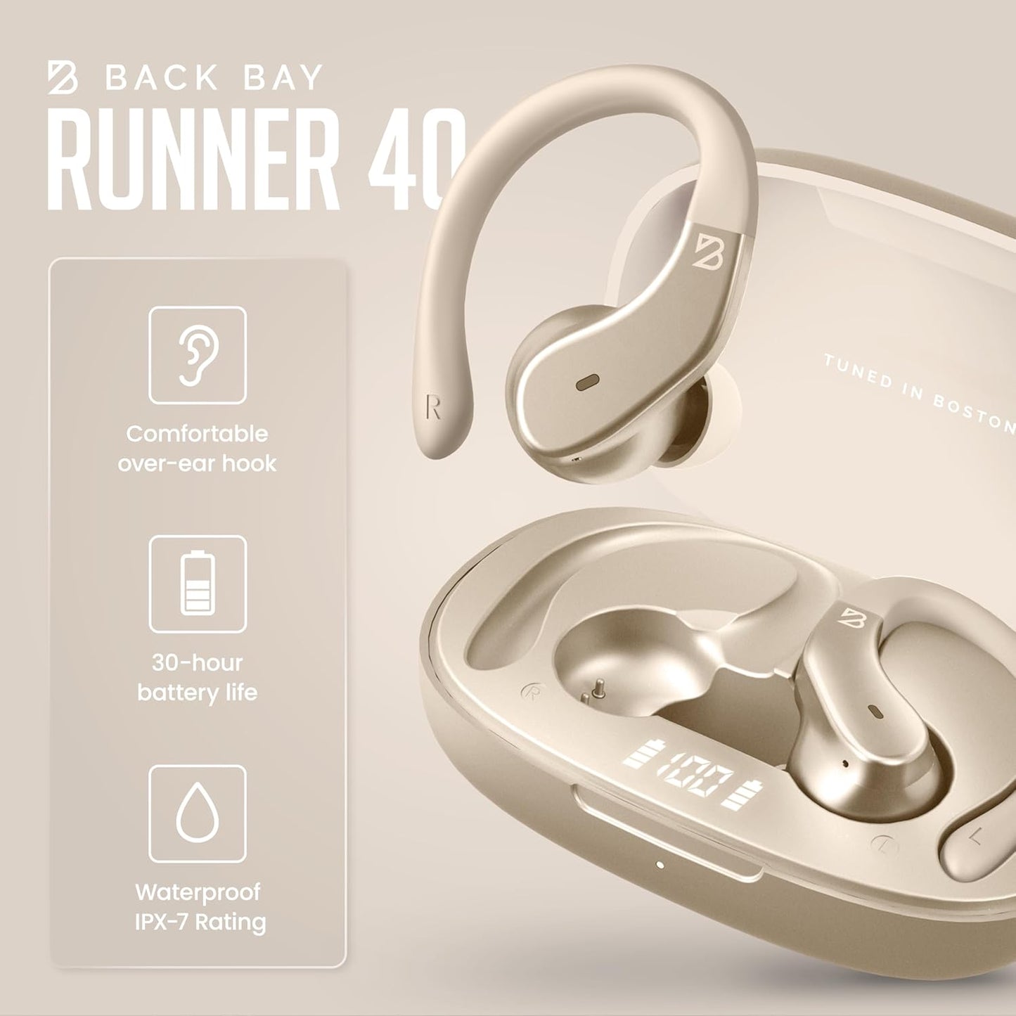 Back Bay Audio - Runner's Wireless Earbuds Bluetooth Headphones for Sports, Hook Over The Ear Buds, Deep Bass, Wrap Around Earphones with Earhooks for Running, Workout Wireless Headphones for The Gym