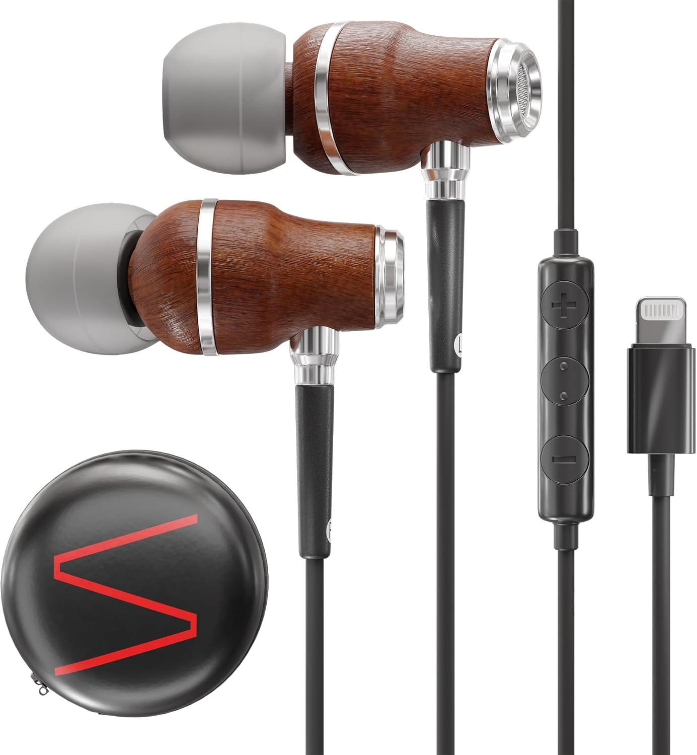Symphonized iPhone Earphones Wired Deep Bass Sound, 3D Sound, Microphone Volume Control, 90% Noise Cancelling, Bubinga Wooden with Lightning (Apple MFI Certified), iPhone SE to 14 Earbuds (Black)