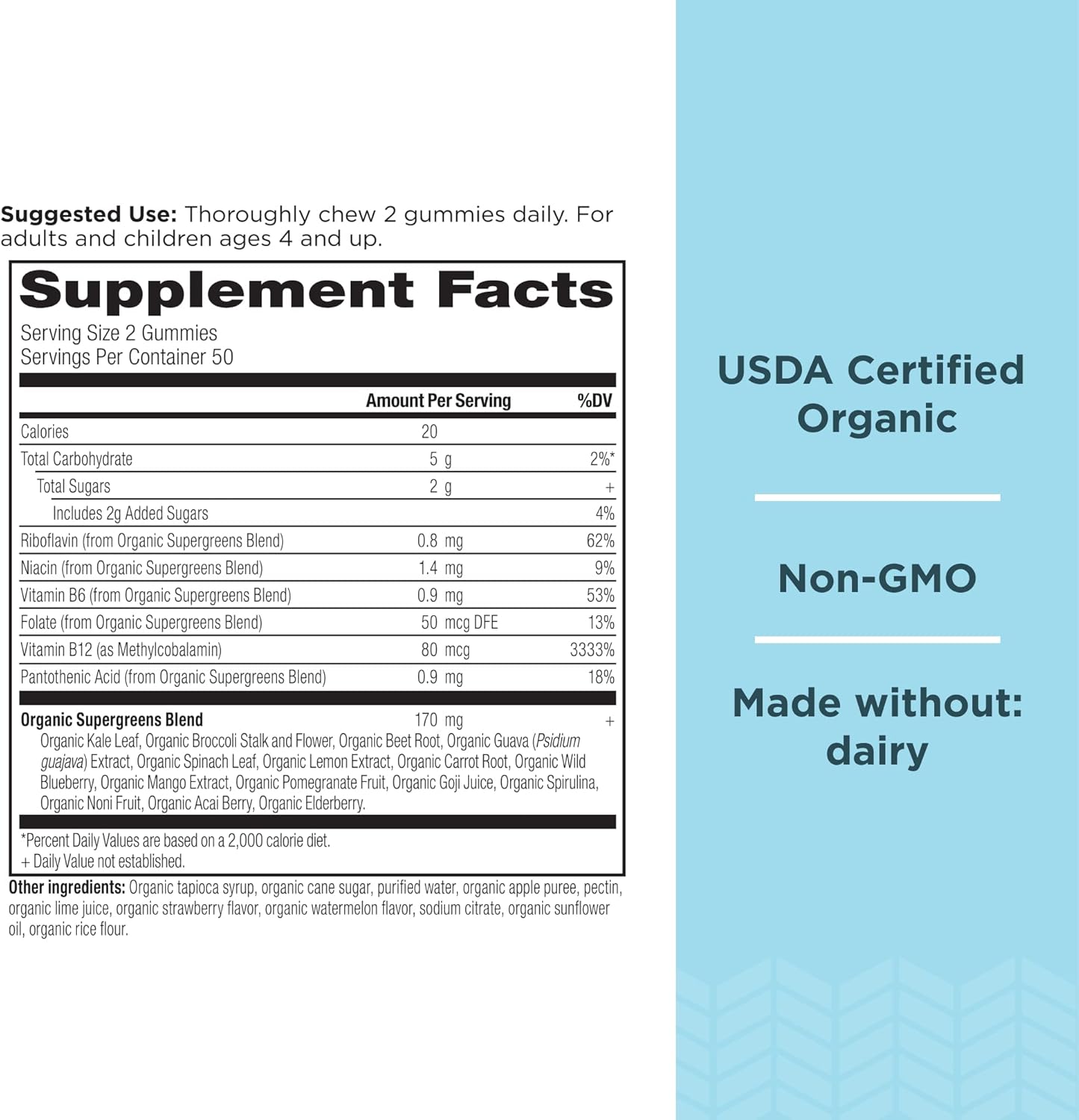 Ancient Nutrition Supergreens Gummy, Organic Superfood Gummy Made from Real Fruits, Vegetables and Herbs, for Digestive and Energy Support, 100 Count, Strawberry Watermelon