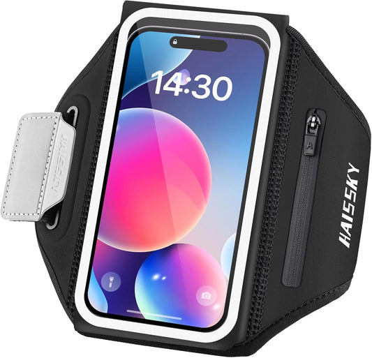 Running Armband with Earphone Bag Cell Phone Armband for iPhone 16 15 Pro 14 Plus 13 11 XR XS, Galaxy S24/S10 Water Resistant Sports Phone Holder Case & Zipper Slot Car Key Holder for 6.9 inch Phone
