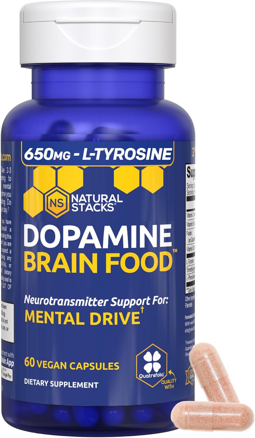 Dopamine Brain Food - 650mg L-Tyrosine Supplement - Dopamine Supplement for Focus & Mental Drive - Supports Mental Energy - Neurotransmitter Support with B Vitamins - 120 Capsules