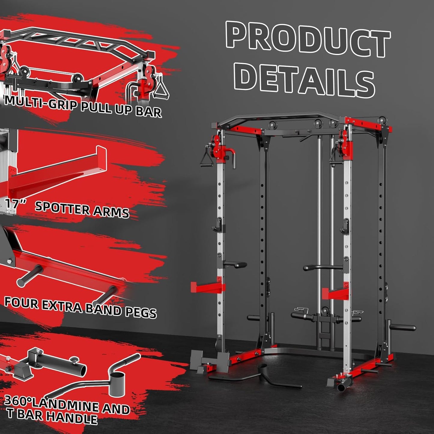 Smith Machine, Power Rack with LAT Pulldown System, Power Cage with Cable System, Squat Rack for Home Gym with Chest Press Machine, Spotter Arms, Leg Curl Attachment and More